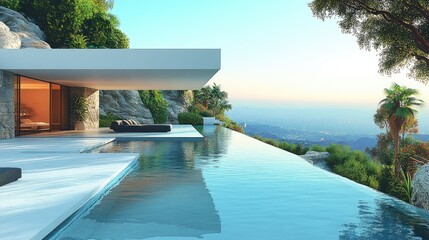 Fototapeta premium Modern house with infinity pool overlooking scenic landscape. Perfect for luxury real estate, travel, and lifestyle projects.