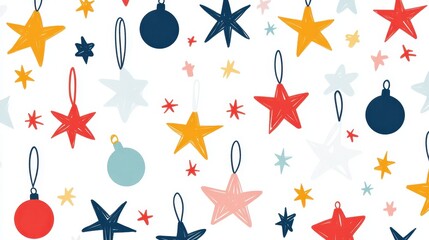 Festive Minimal Cartoon Style Pattern Featuring Colorful Stars and Ornaments with Simple Garlands for Celebrations and Holiday Themes