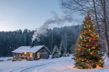 A cozy wooden cottage nestled amidst snow-kissed mountains, a winter wonderland scene