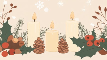 Festive Minimalist Cartoon Style Table Centerpieces Featuring Tall Candles and Natural Elements for a Cozy Holiday Atmosphere