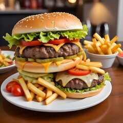 Juicy 200g Double Hamburger with Crispy Fries in a Casual Dining Setting