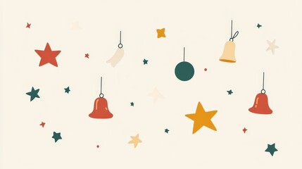Minimalist Cartoon-Style Christmas Ornaments and Decorations with Stars, Bells, and Baubles in a Soft Color Palette on a Light Background