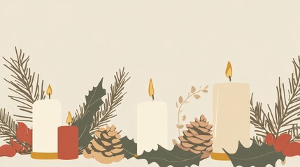 Minimal Cartoon Style Table Centerpieces Featuring Tall Candles, Pinecones, and Greenery for Elegant Holiday Decor in a Soft Color Palette