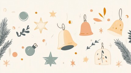 Minimalist Christmas Ornaments in Flat Cartoon Style Featuring Bells, Stars, and Decorative Elements for Festive Holiday Decoration
