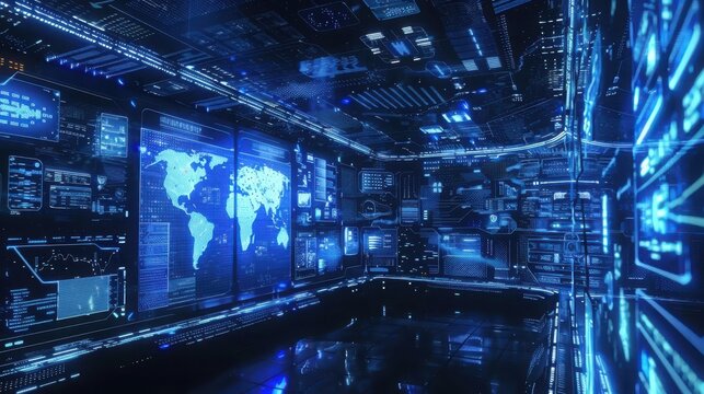 Futuristic Digital Room Displays Global Data Networks - Powered by Adobe