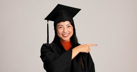 Woman, studio and university student with pointing on graduation for career advice, instructions...