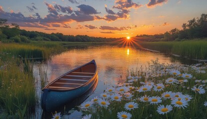 Serene Sunset Landscape with Daisies River Sky and Clouds
