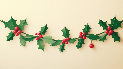 Minimalist Cartoon Style Garland Design Featuring Bright Green Leaves and Red Berries for Festive Decorations and Holiday Cheer