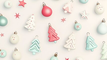 Playful Pastel Cartoon Style Christmas Ornaments and Trees on a Light Background Perfect for Holiday Decorations and Festive Designs