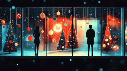 Fototapeta premium Winter Holiday Window Shopping Scene Illustration with Christmas Decorations and Elegant Silhouettes