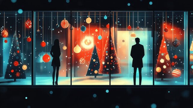 Winter Holiday Window Shopping Scene Illustration with Christmas Decorations and Elegant Silhouettes