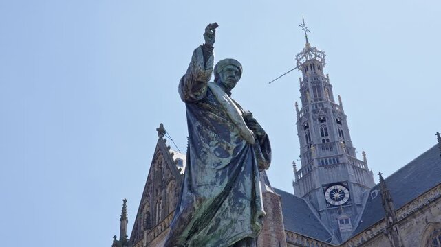 Laurens Janszoon Coster statue near Grote Kerk church in Haarlem, Netherlands