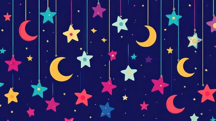 Colorful Cartoon Style Seamless Wallpaper Featuring Garlands of Stars and Moons on a Deep Blue Background for Creative Designs and Decoration Projects