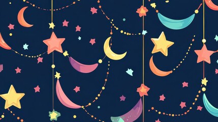 Colorful Cartoon Style Seamless Wallpaper Featuring Whimsical Garlands of Stars and Moons on a Dark Background for Playful and Creative Designs