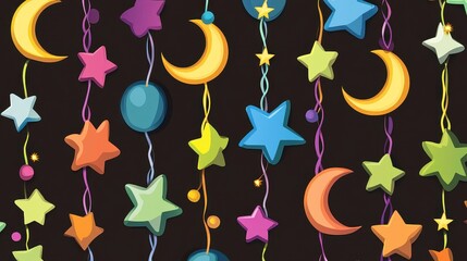 Colorful Cartoon Style Seamless Wallpaper Featuring Whimsical Star and Moon Garlands with Vibrant Colors Perfect for Children's Rooms or Play Areas