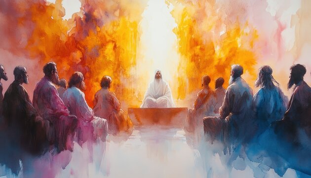 Jesus Washing the Feet of Disciples on Maundy Thursday Watercolor Religious Scene