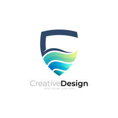 Shield logo and water wave design combination, security logos