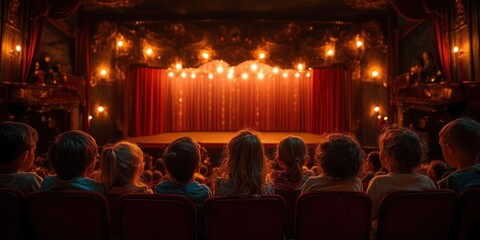 Children Watch Captivated Puppet Show in Vintage Theater with Red Curtains and Warm Spotlight