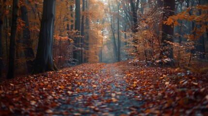 Fototapeta premium Autumn's embrace. Crisp air, fallen leaves, and a sunbeam's gentle kiss. Lost in the beauty of this enchanted forest. ai generaed