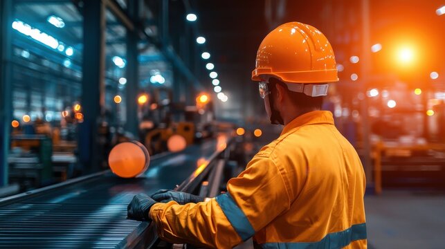 Industrial worker monitoring production line in factory manufacturing environment focused viewpoint on operations