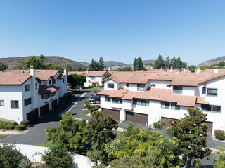 Aerial view of residential subdivision condominium house neighborhood in Mission Mesa. South California, USA