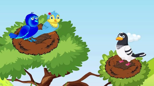 Cartoon birds sitting on a tree and talking