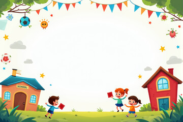 Obraz premium A playful school background illustration featuring kids playing, colorful school supplies, and fun learning icons in a lively composition..