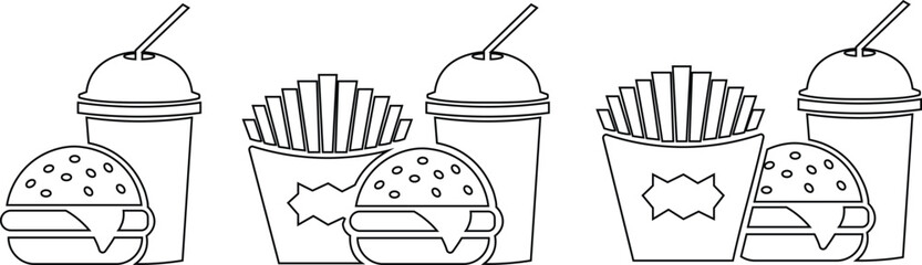 Fast food line icon set. Burger combo lunch french fries sauce salad soup and drink vector collection isolated on transparent background. Thin signs for restaurant menu silhouette image clip art