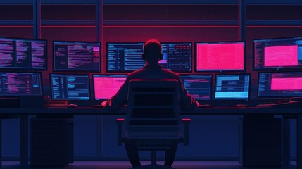 Cybersecurity monitoring control room digital art high-tech environment dramatic viewpoint data analysis concept