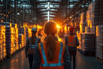 Team of Warehouse Employees in Reflective Vests Working Together in Modern Industrial Factory