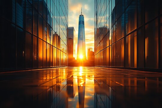 Sunset light shining on the buildings and cars on 42nd Street in Midtown New York City around the time of the Manhattanhenge summer solstice
