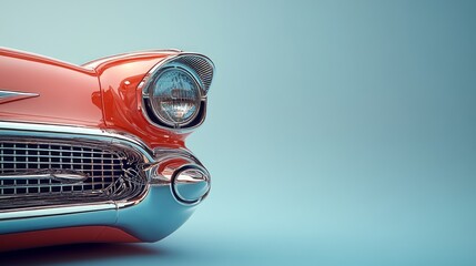 Close-up view of a vintage red classic car's front grille and headlight against a pastel blue background.