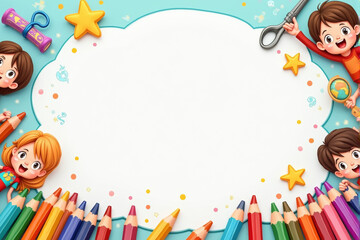 Naklejka premium A playful school background illustration featuring kids playing, colorful school supplies, and fun learning icons in a lively composition..