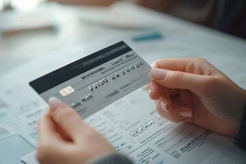 Closeup of hands holding a credit card and overdue bill, personal financial risk theme