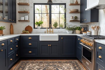 Modern farmhouse kitchen with dark blue cabinets, white sink, gold hardware, marble backsplash, and patterned rug.