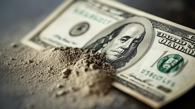 Dollar bills crumbling into dust, representing economic risk and devaluation