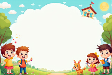 Fototapeta premium A playful school background illustration featuring kids playing, colorful school supplies, and fun learning icons in a lively composition..