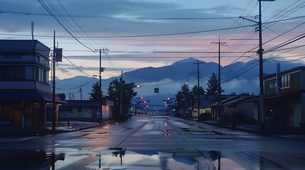 A peaceful city street with a view of distant mountains, the buildings reflecting the soft light of dawn