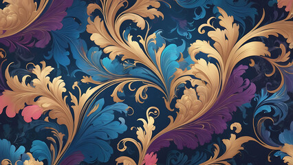  Majestic Floral Wallpaper with Multicolored Flowers in Soft Pink, Purple, and Gold on a Deep Blue Background - AI-generated