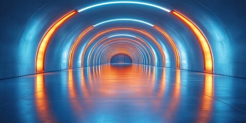 Fototapeta premium Futuristic Minimalistic Hallway with Soft Blue and Orange Lighting and Reflections in Polished Floor