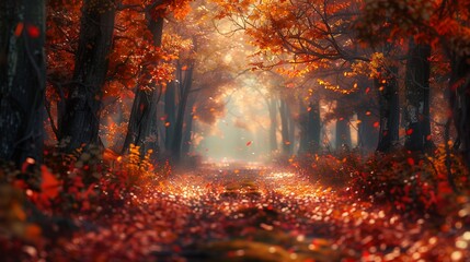 Fototapeta premium Autumn's embrace. Crisp air, fallen leaves, and a sunbeam's gentle kiss. Lost in the beauty of this enchanted forest. ai generaed