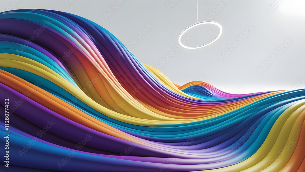 Poster abstract flow: multicolored, vibrant ribbons dance in a mesmerizing wave, creating a surreal and dyn