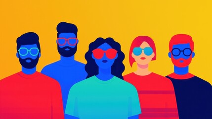 Fototapeta premium Vibrant group of friends wearing sunglasses urban environment digital art social concept colorful palette playful viewpoint