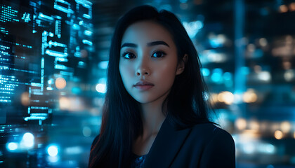 Naklejka premium A young beautiful asia woman with black hair look stands before an AI interface, surrounded by glowing data streams and code lines