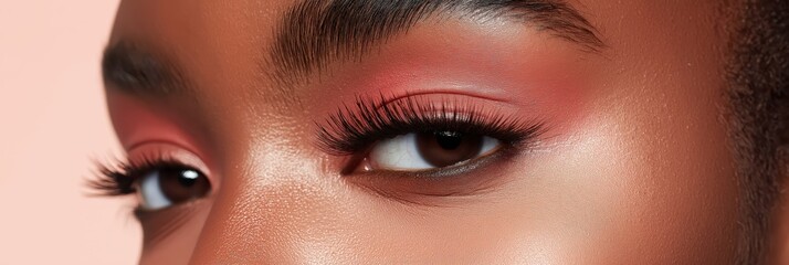 Naklejka premium A mesmerizing close-up showcases beautifully made-up eyes adorned with vibrant makeup, capturing the essence of beauty, style, and artistic expression in cosmetic artistry.