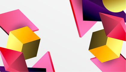Abstract design showcasing isometric cubes, pyramids, squares, and spheres in a vibrant 3D layout. Modern and dynamic, perfect for tech, design, or futuristic themes