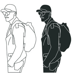 A stylish young man wearing sunglasses a hat, a jacket, and a backpack.