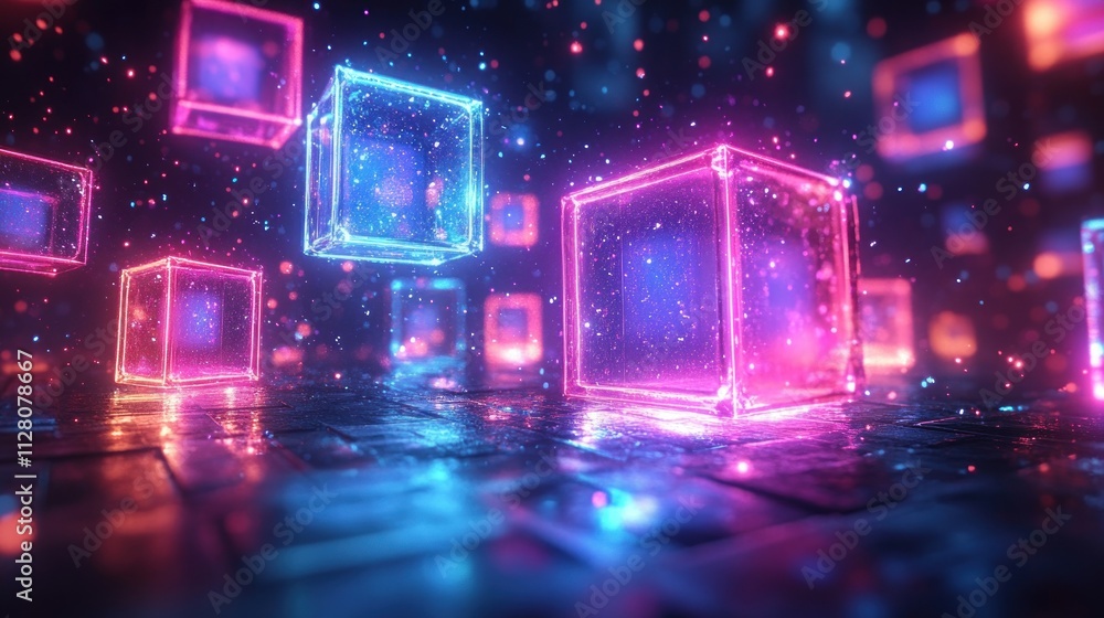 Aufkleber futuristic abstract composition with translucent squares illuminated by soft neon light