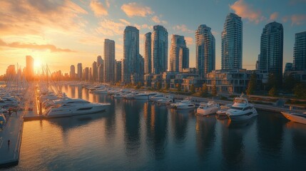 Fototapeta premium Seaside city with marina and modern buildings, coastal vibe, golden hour,