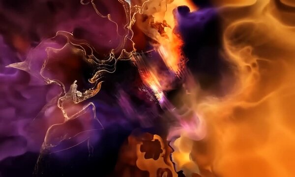 Fusion de couleurs compl&eacute;mentaires orange et violet avec des effets fluides, lumi&egrave;re et reflets dor&eacute;s, ambiance artistique et abstraite.
